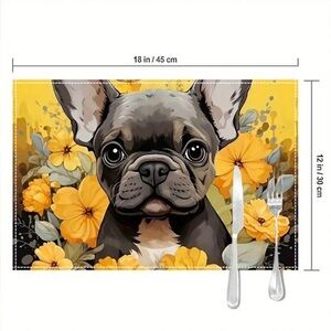 One Yellow Floral French Bulldog / Boston Terrier Linen Dog Food Placemat